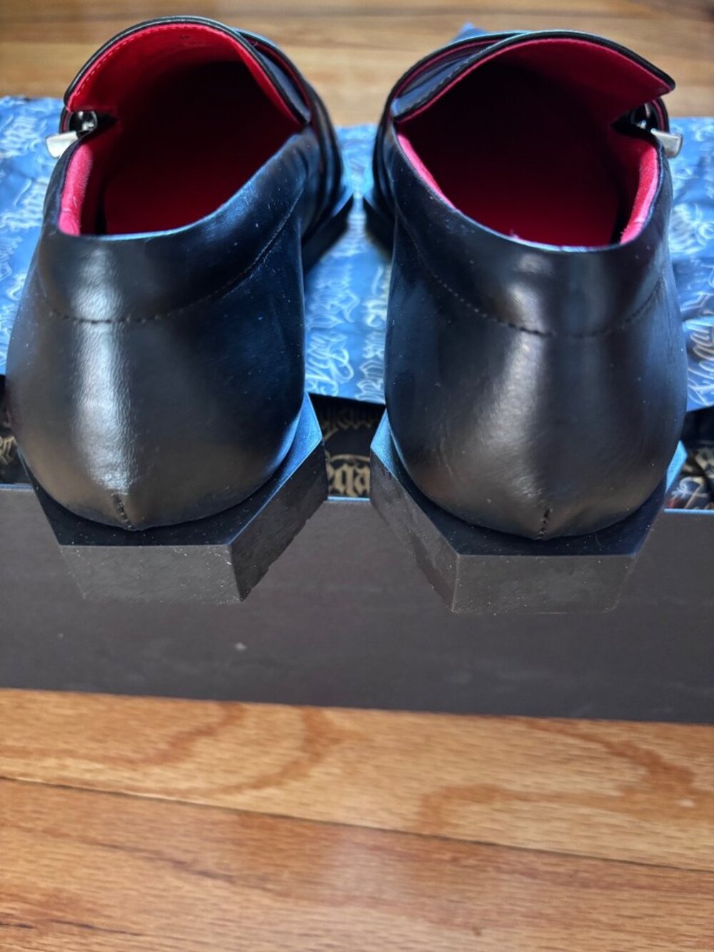 Black Pointed-Toe Loafers With Double Buckle & Red Interior Gothic Style Sz 9 by - Picture 5 of 8